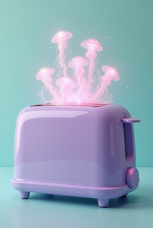 Whimsical purple toaster with glowing jellyfish emerging against mint green background.の写真素材