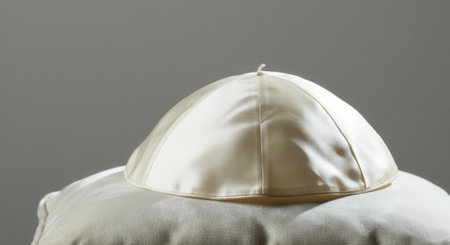 Pristine white silk Papal zucchetto (skullcap) is meticulously placed on a plush cushion, symbolizing a vacant Papal See with quiet dignity.の写真素材