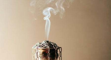 Ornate silver thurible (censer) burner with elegant incense smoke spirals on beige background.の写真素材