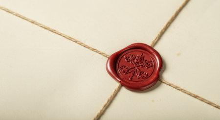 Vintage deep red wax seal on twine-tied envelope with impression of the Papal seal (crossed Keys of Saint Peter beneath the Tiara).の写真素材