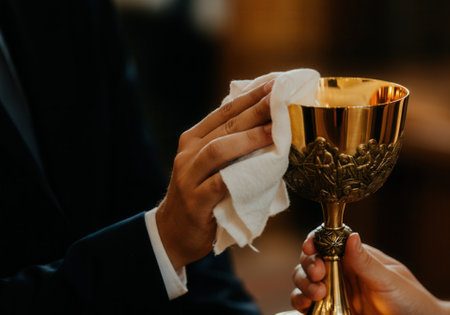 Hands cleaning golden chalice with cloth during religious ceremony.の写真素材