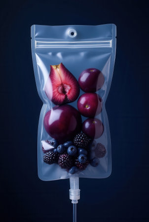 Assorted fresh fruits in transparent bag against dark background.の写真素材