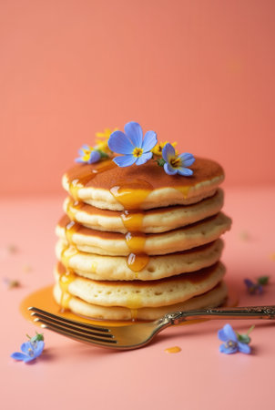 Stack of fluffy pancakes with syrup and blue edible flowers on pink background.の写真素材