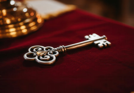 Ornate antique silver key on rich velvet red surface in ambient light.の写真素材