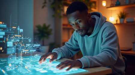 Focused young adult engaging with futuristic virtual interface at home office.の写真素材