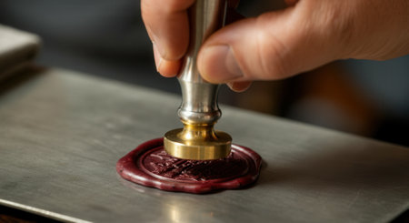 Hand stamping red wax seal on metal surface with brass seal stamp.の写真素材