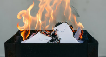 Burning handwritten ballots in black brazier during Papal election.の写真素材