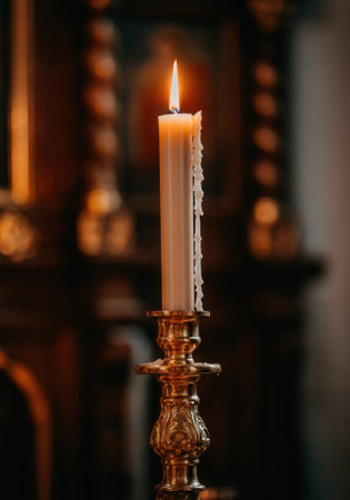 Burning white candle on ornate golden candlestick with blurred historic church interior in background, symbolizing guidance and hope.の写真素材