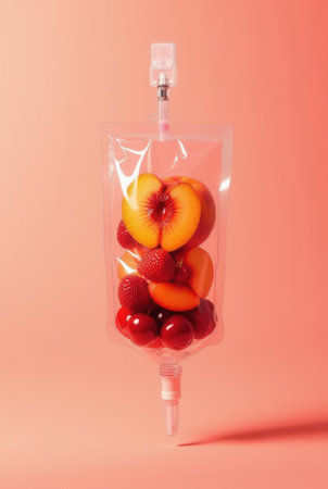 Bag filled with fresh fruit including peaches, strawberries, and cherries on pink background.の写真素材