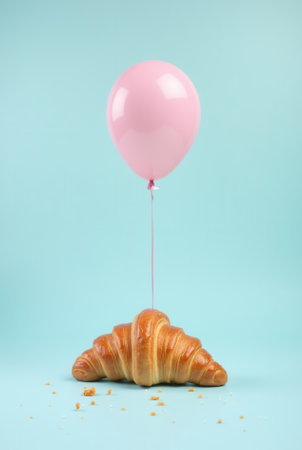 Pink balloon floating above fresh croissant on light blue background.の写真素材