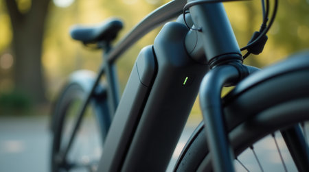 Close-up of a modern electric bicycle with visible battery in park setting.の写真素材