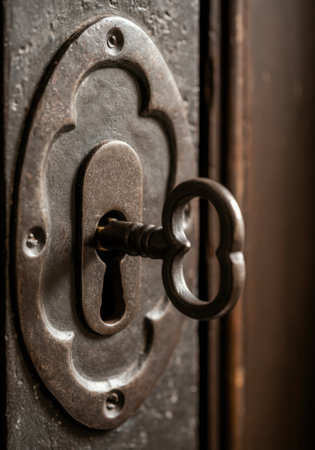 Close-up of iron key turning in lock.の写真素材