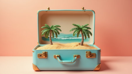 Miniature tropical oasis in open vintage suitcase with palm trees.の写真素材