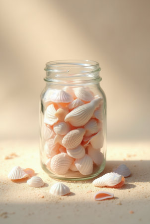 Glass jar filled with assorted seashells on sandy background in sunlight.の写真素材