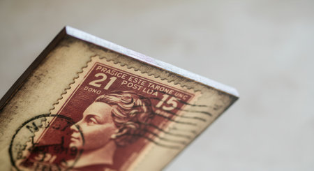 Close-up of vintage Romanian postage stamp on paper with postmark.の写真素材