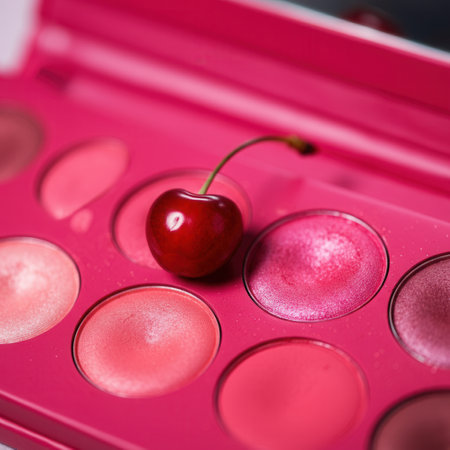 Cherry on pink makeup palette with vibrant colors for creative cosmetic design.の写真素材