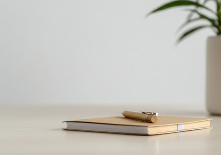 Recycled paper notebook and bamboo pen on a light wooden desk featuring green plant. Lifestyle that values sustainability and simplicity.の写真素材
