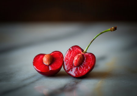 Artistic close-up of fresh red cherries on marble surface.の写真素材