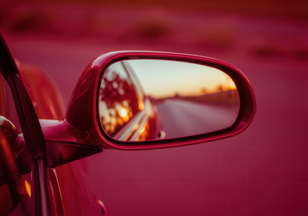 Sunset reflection in car side mirror on scenic road.の写真素材