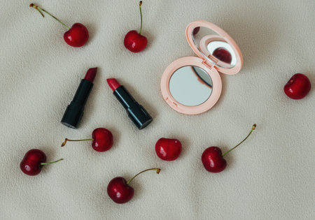 Elegant makeup and fresh cherry still life with lipsticks and compact mirror on textured fabric.の写真素材