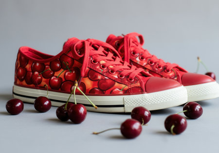 Cherry themed sneakers with unique fruit print design against a gray background.の写真素材