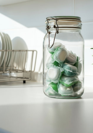 Household cleaning concept with dishwasher pods in glass jar for kitchen organization.の写真素材