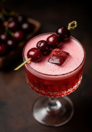 Cherry cocktail with garnish and ice in elegant glass on wooden table.の写真素材