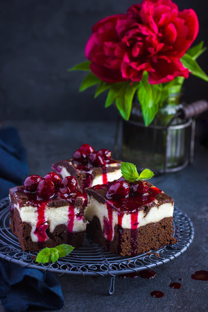 cheesecake brownies  with cherry sauce, selective focusの写真素材