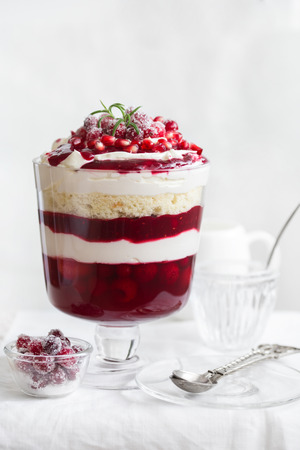 Trifle. Festive layered dessert in glass. selective focusの写真素材