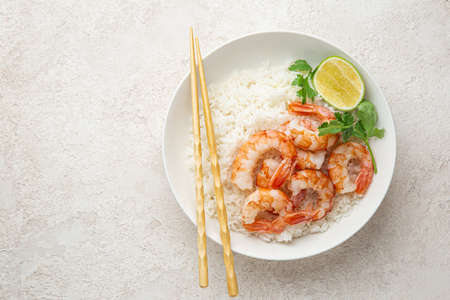 Prawn and rice on white bowl, top viewの写真素材