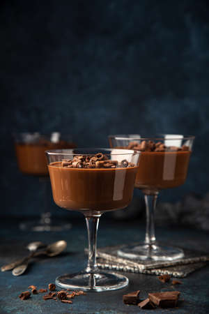 chocolate Panna Cotta dessert, selective focus, dark blue backgroundの写真素材
