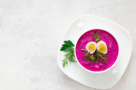 cold beetroot soup, white background, copy space, top viewの写真素材