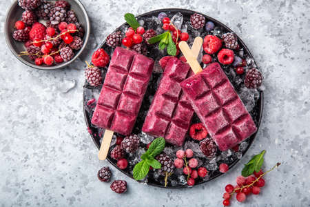 berries ice cream  with frozen berries on gray background, top view