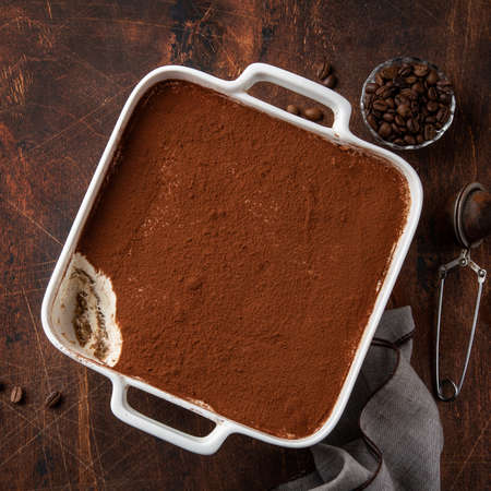 Tiramisu. Traditional italian dessert. wooden background. Top viewの写真素材