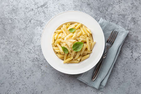 penne pasta with parmesan cheese in white plate, top view, copy spaceの写真素材