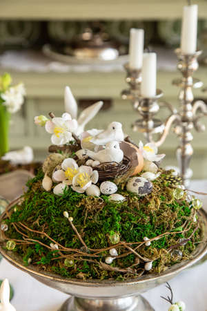 Easter decoration on festive table, selective focusの写真素材