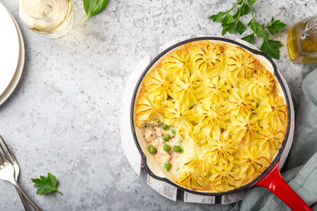 Salmon, mashed potatoes and vegetables casserole in enamel cast iron pan. Top view, copy spaceの写真素材