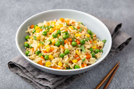 rice with vegetables in bowl, selective focusの写真素材