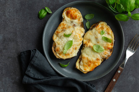 cheesy stuffed eggplant parmigiana, top view, dark backgroundの写真素材