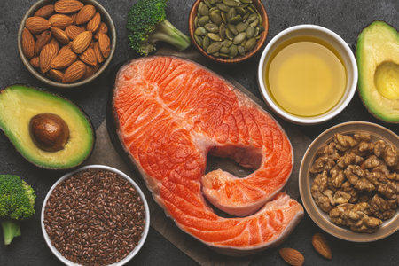 food sources of unsaturated fatty acids, omega 3 and vitamin D products, concept of healthy eating and cooking. Black background, top view,  tonedの写真素材