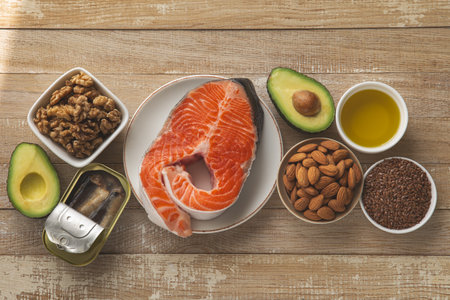 food products sources of unsaturated fatty acids, omega 3 and vitamin D, healthy eating and cooking concept. Wooden background, top view, tonedの写真素材