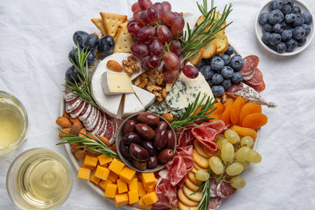 Appetizers boards with assorted cheese, meat, grape and nuts. Charcuterie and cheese platter. food and wine. Top view, white backgroundの写真素材