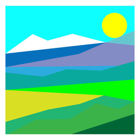 landscape with bright colors in low poly. Mountain, river, lavender field and sun.のイラスト素材