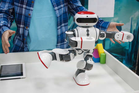 Russia, Magnitogorsk, 12.04.2017: Funny dancing robot at the exhibition of robotics
