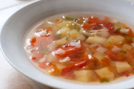 Healthy eating. Vegetable soup with chicken for lunch. homemade foodの写真素材
