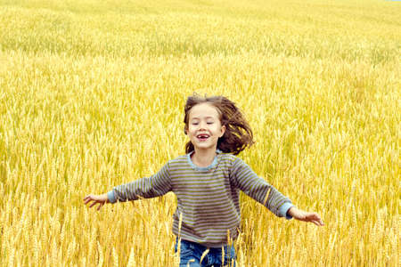 Happy Children on the background of yellow wheat fields の写真素材