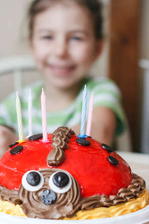 Little girl enjoys looking at her birthday cakeの写真素材