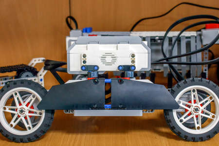 03.31.2018 Magnitogorsk, Russia: Model of the machine made in robotics classes