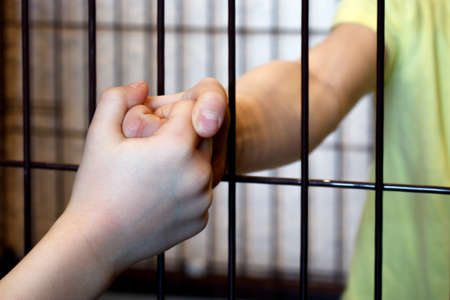 A firm handshake through an iron grate. Friendship contrary to obstacles
