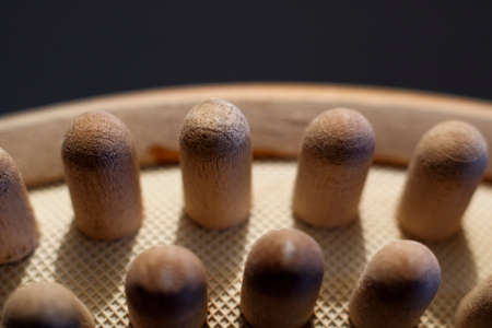 Massage shower brush with wooden fingers close-upの写真素材